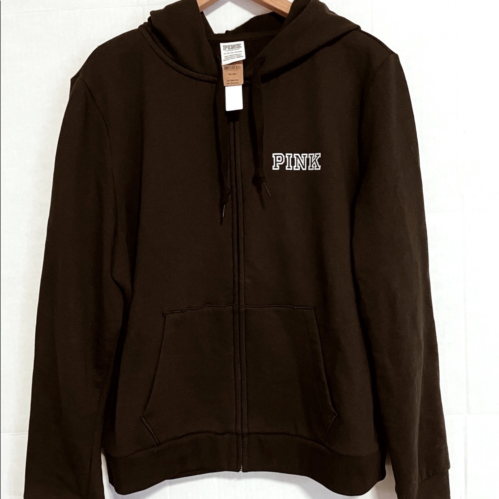 NWT Pink Victoria Secret Black zip up hoodie with rhinestone detailing Size XL